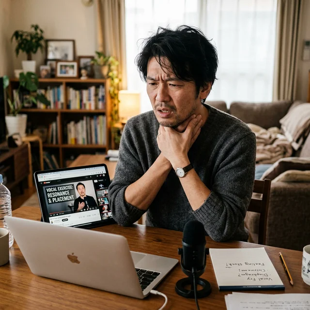 自宅で自己流ボイストレーニングに苦戦する40代の日本人男性