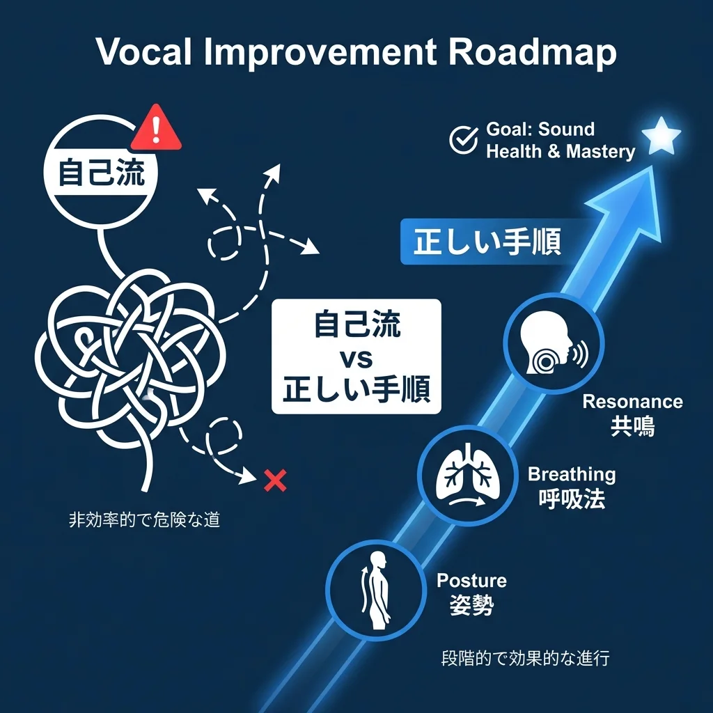 ボイトレ初心者：自己流の混乱と正しい手順の比較ロードマップ