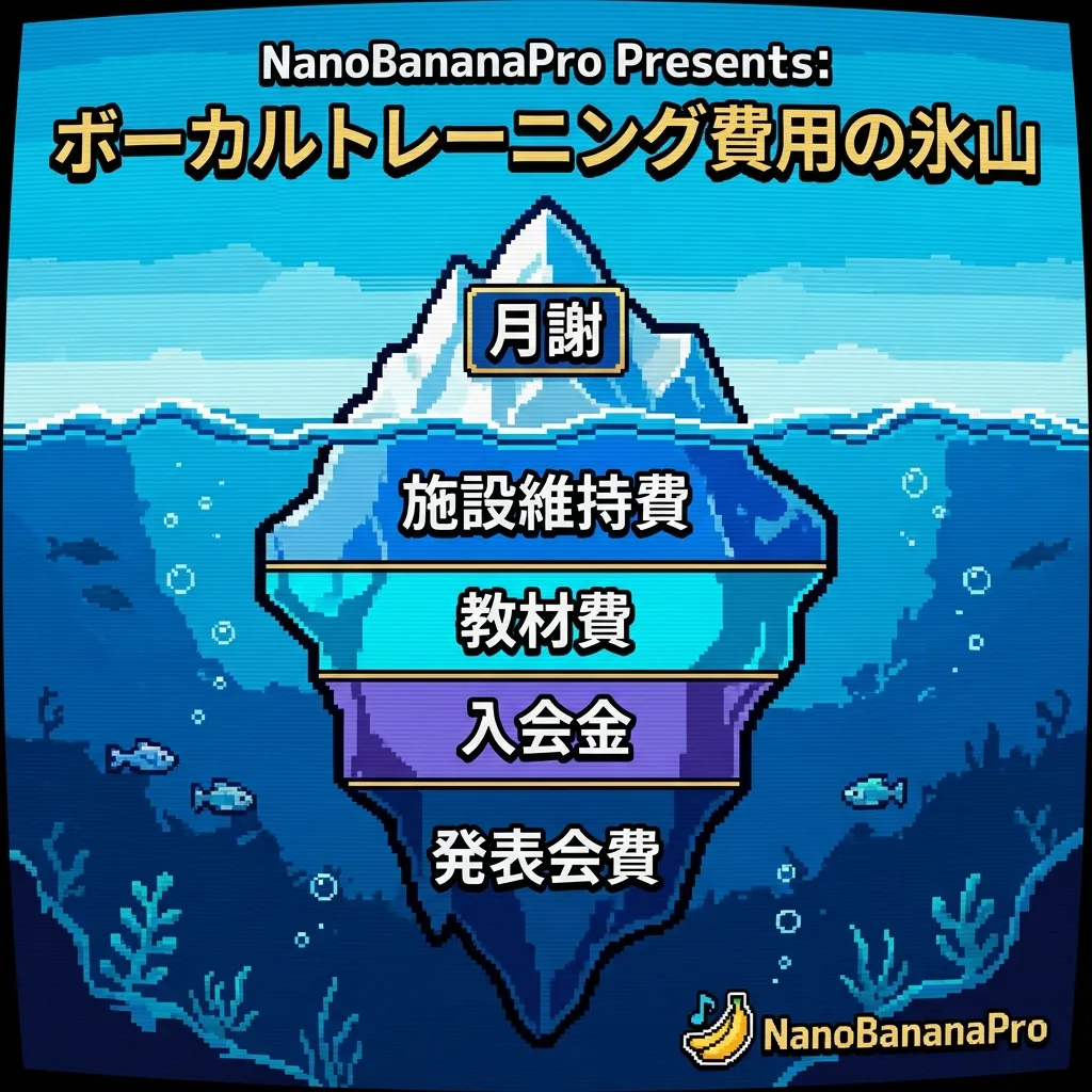 ボイトレ費用の氷山モデル：月謝は氷山の一角で、下に施設費や入会金などの隠れコストがある