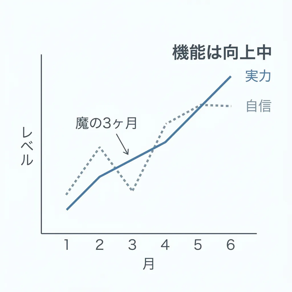 魔の3ヶ月目の正体：生理的機能は向上しているが、自信が停滞する乖離現象のグラフ