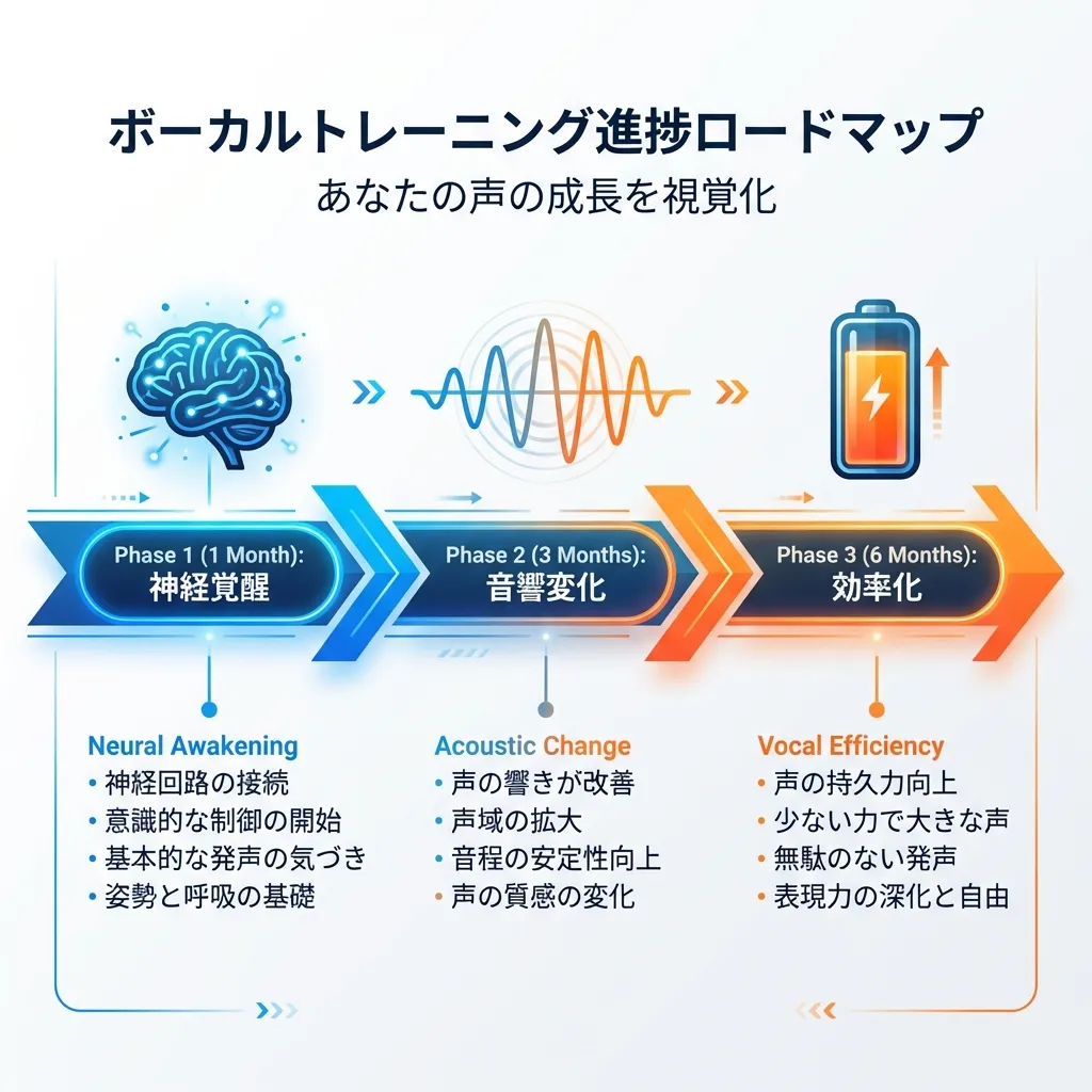 ボイトレ効果の3段階ロードマップ：1ヶ月目で神経覚醒、3ヶ月目で音響変化、半年で定着