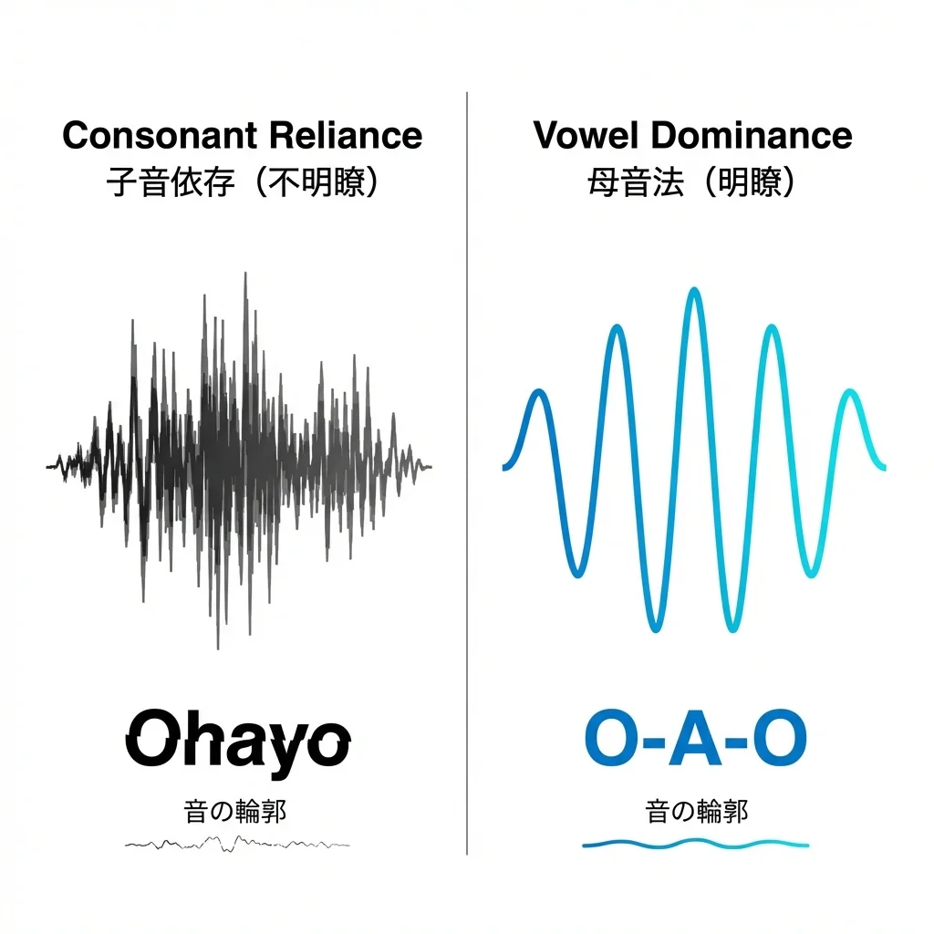 子音依存の発声と母音法による明瞭な発声の波形比較