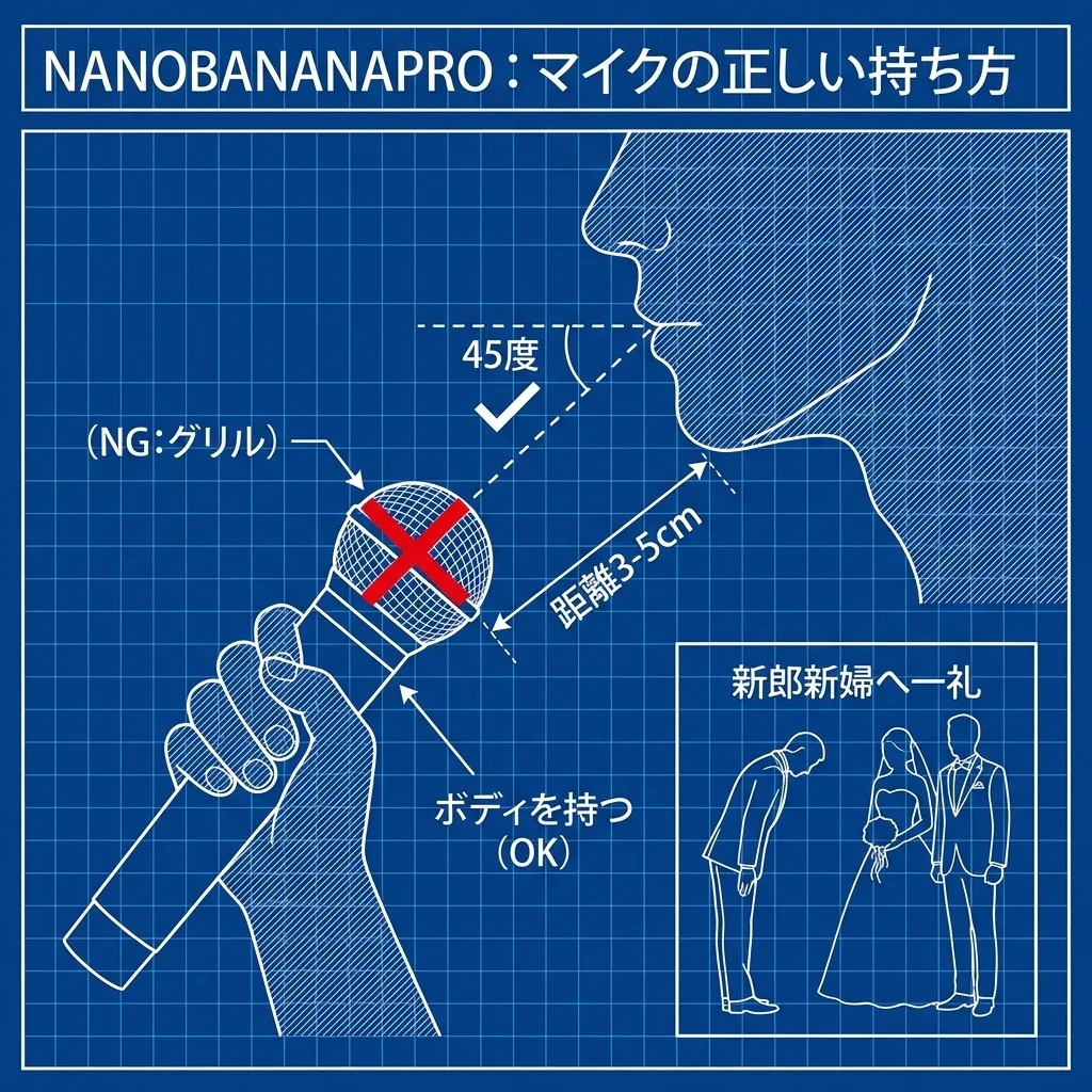 マイクの正しい持ち方：45度の角度と距離、お辞儀の作法