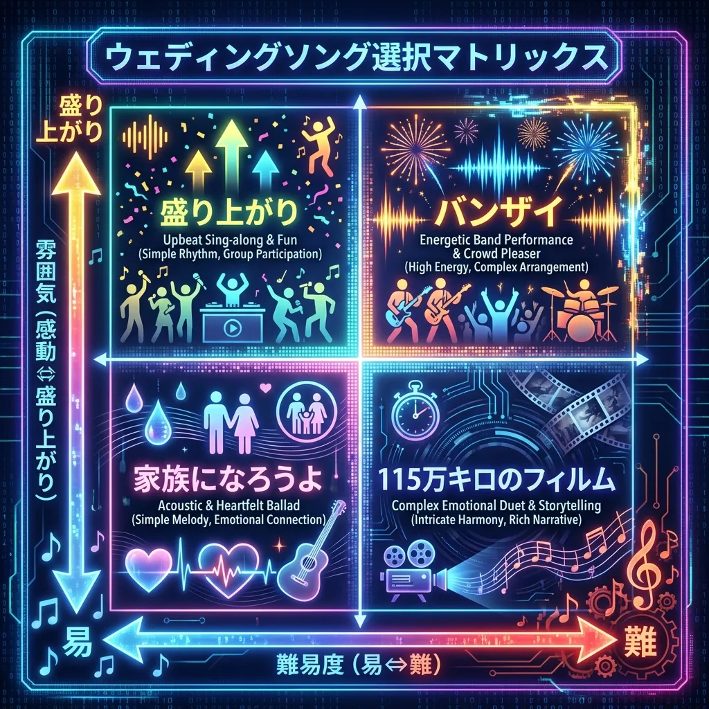 ウェディングソング選曲マトリックス：難易度と雰囲気で選ぶ